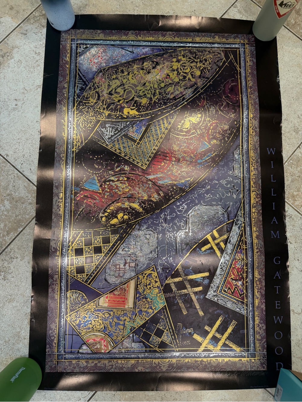 William Gatewood lithograph kimono signed Black and Gold Abstract